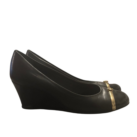 Tory Burch Black Leather Cap Toe Wedges – Size 6.5 - Picture 2 of 6